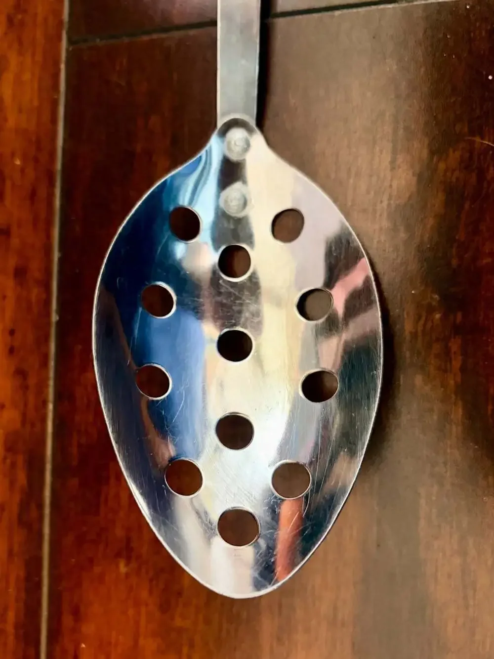 Vintage Stainless Steel Slotted Serving Spoon with Wooden Handle, Made in Japan